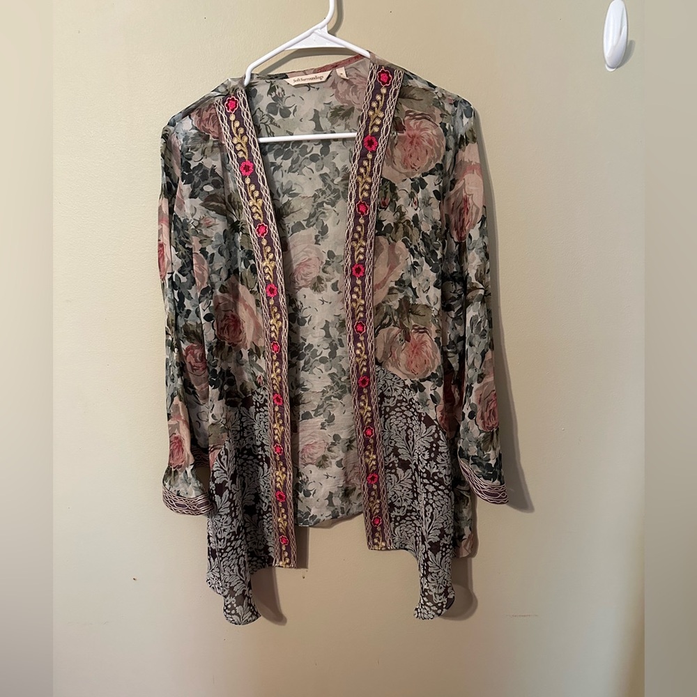 Soft Surroundings Floral Sheer Blouse with Pink and Green, size medium, like new